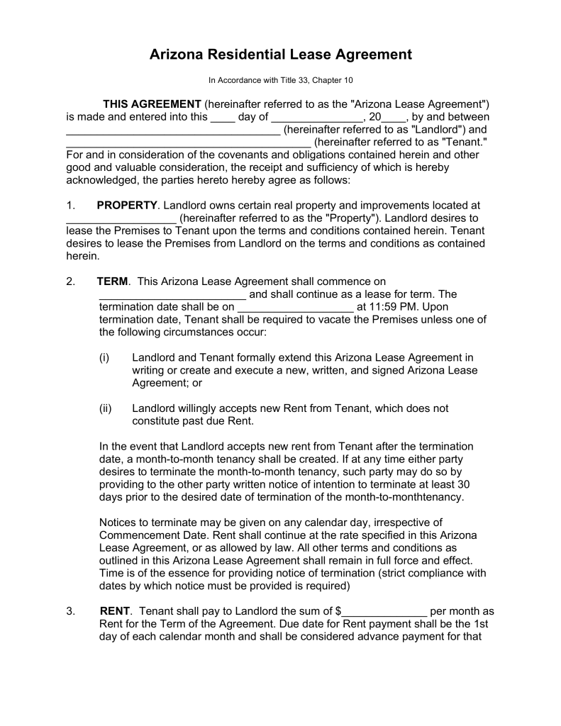Free Arizona Standard Residential Lease Agreement Template Word 