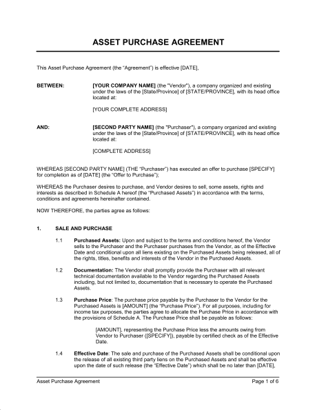 Asset Purchase Agreement Simple Template & Sample Form | Biztree.com