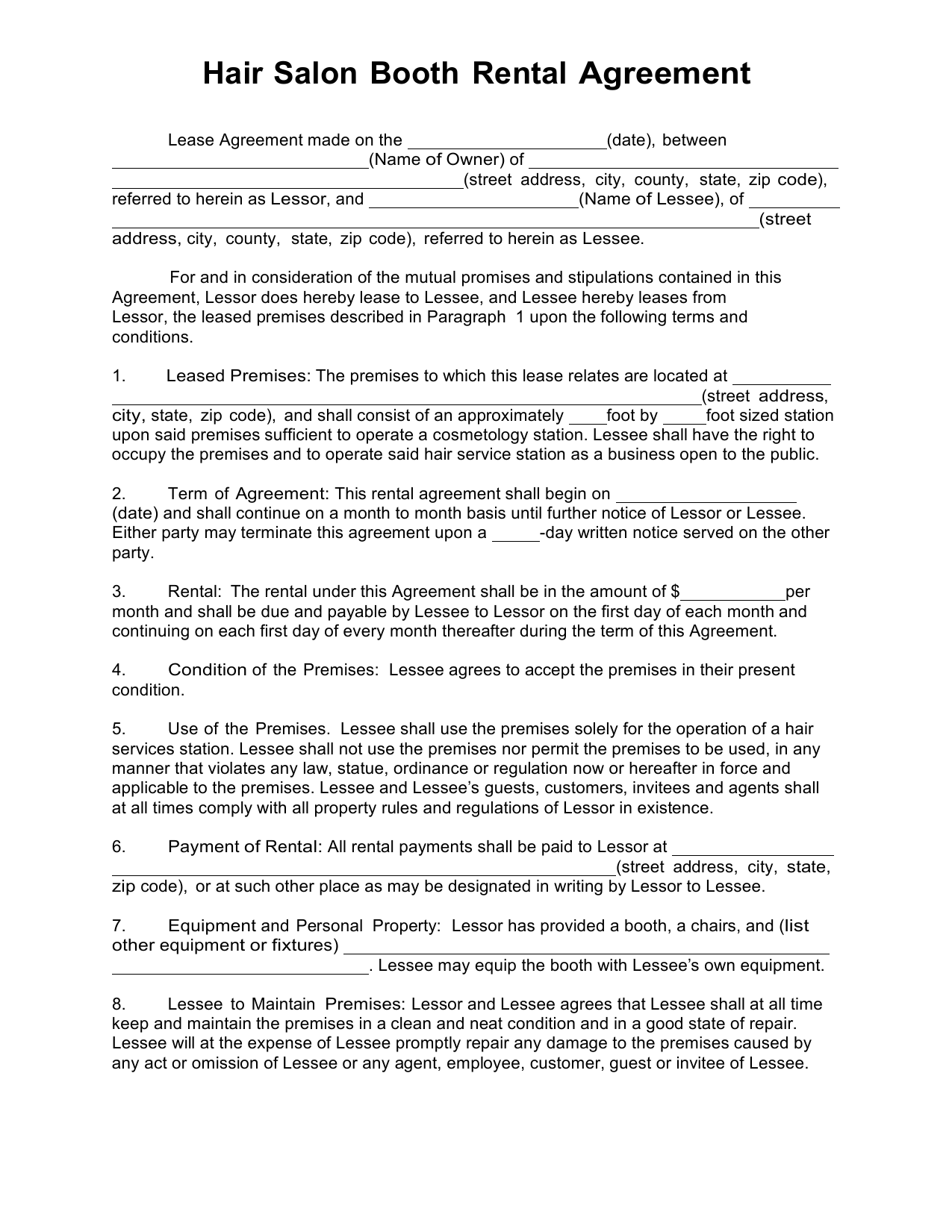 Download Salon Booth Rental Lease Agreement Template | PDF | RTF 