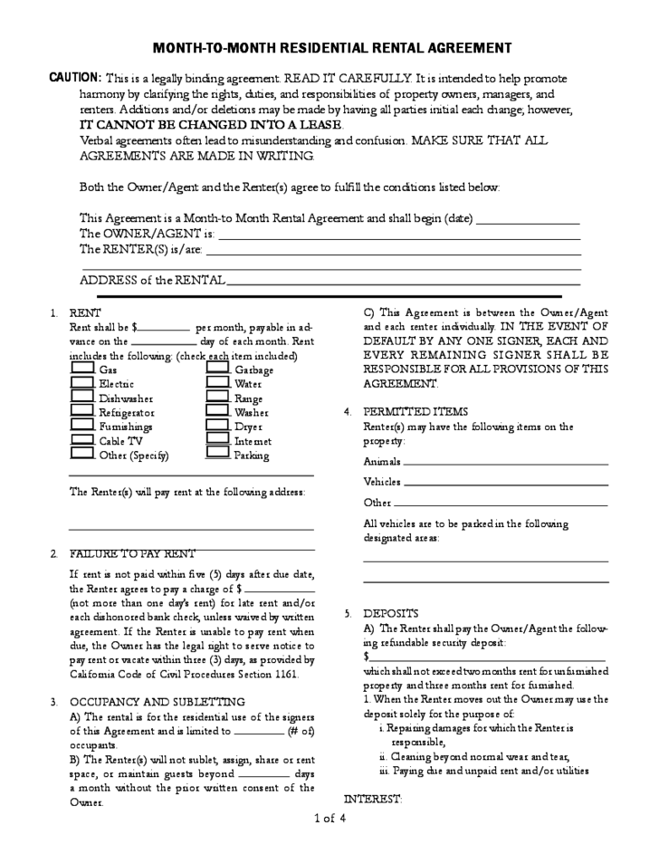 Month to Month Rental Agreement Form California Free Download