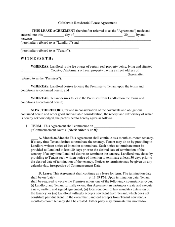 California Residential Lease Agreement in Word and Pdf formats