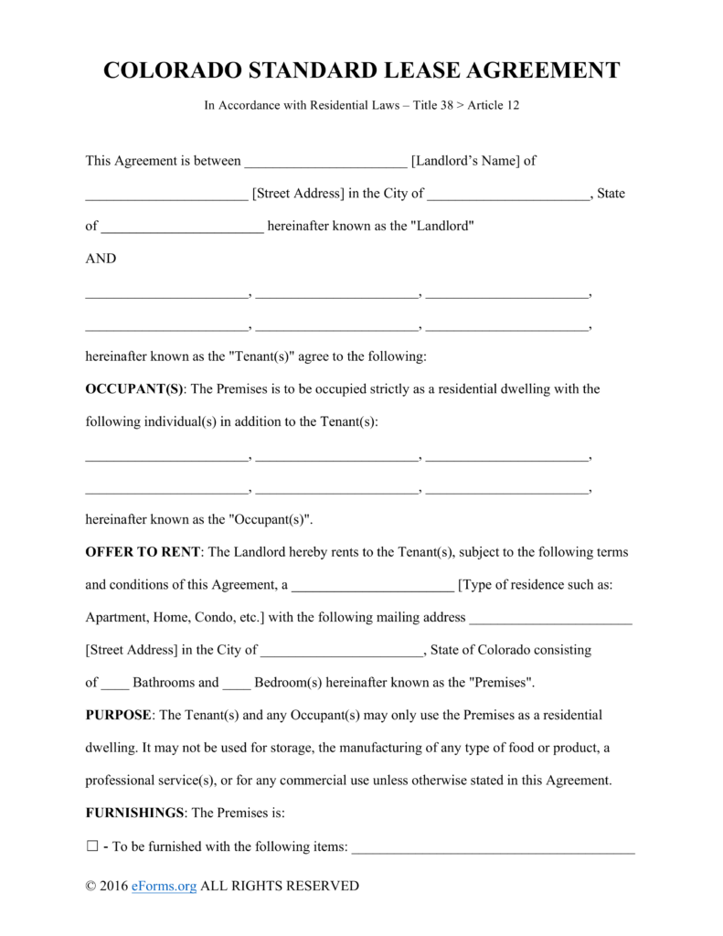 Free Colorado Standard Residential Lease Agreement Template PDF 
