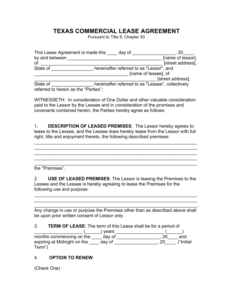 free texas commercial lease agreement template pdf word download 