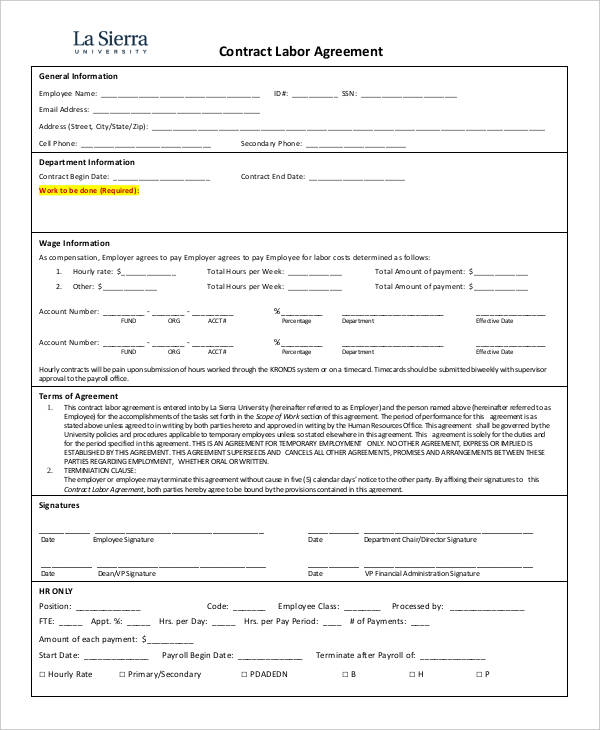 contract labor agreement template 4 labor agreement templates free 