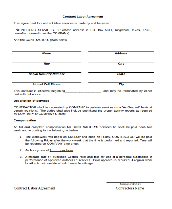 labor agreement template contract labor agreement sample templates 