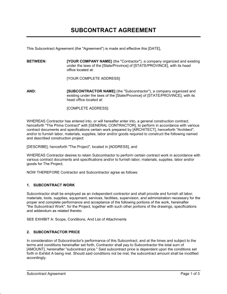 Subcontractor Agreement Template & Sample Form | Biztree.