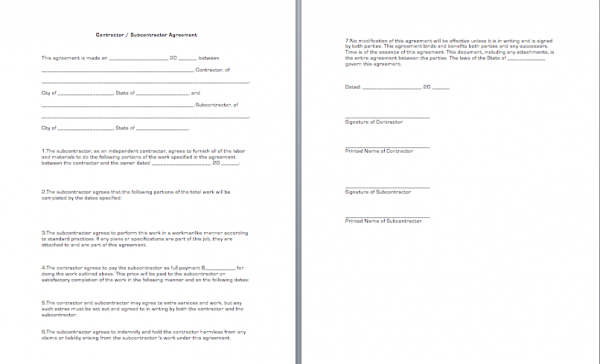 Contractor Subcontractor Agreement Business Forms Subcontract 