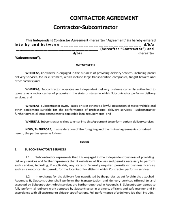 subcontractor contract agreement template contractor subcontractor 