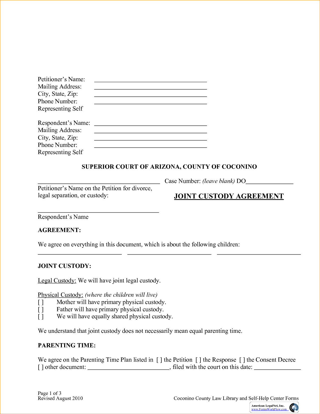 Agreement: Joint Custody Agreement Form. Joint Custody Agreement Form