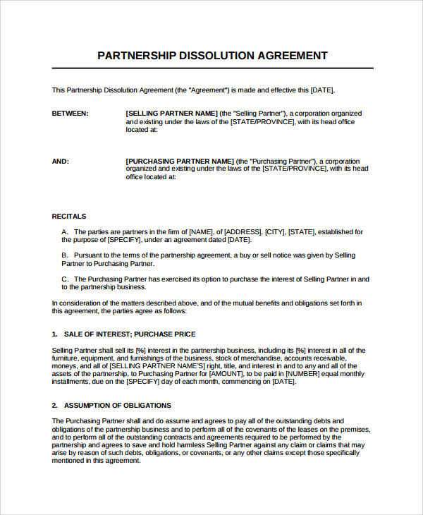 8+ Partnership Dissolution Agreement Templates | Sample Templates