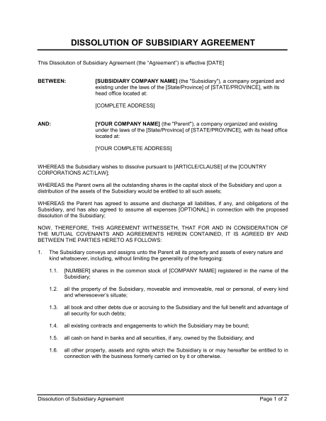 subsidiary agreement template dissolution of subsidiary agreement 