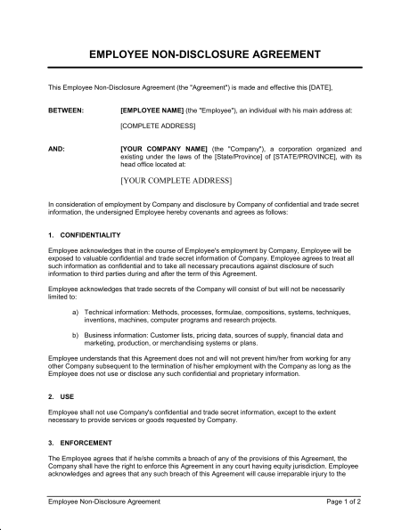 employee non disclosure agreement template free nda form template 