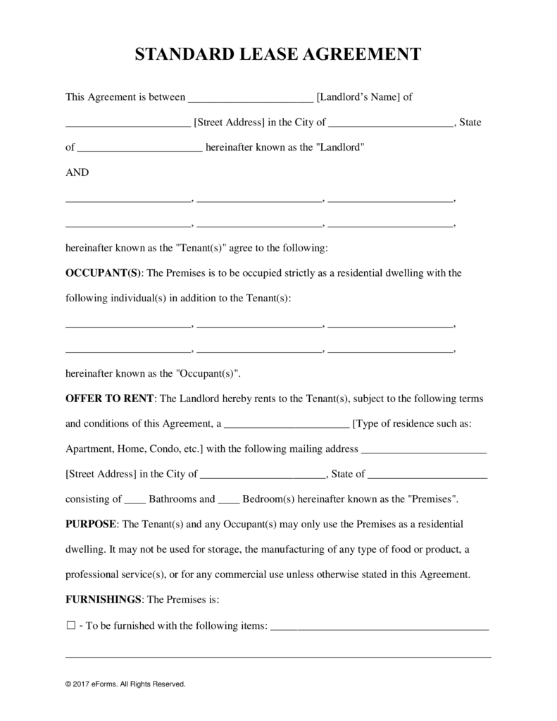 Free Standard Residential Lease Agreement Template PDF | Word 