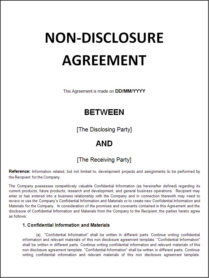non disclosure confidentiality agreement free template non 