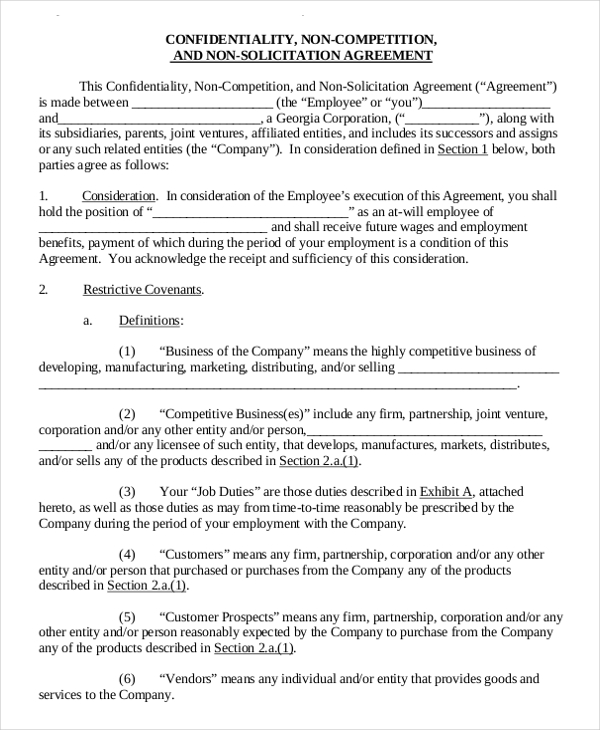 business templates noncompete agreement 11 standard non compete 