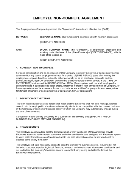free employee non compete agreement template employee non compete 