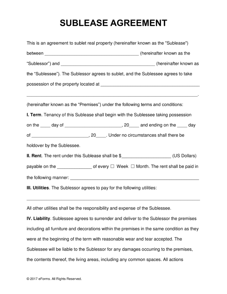 Free SubLease Rental Agreement Template PDF | Word | eForms 