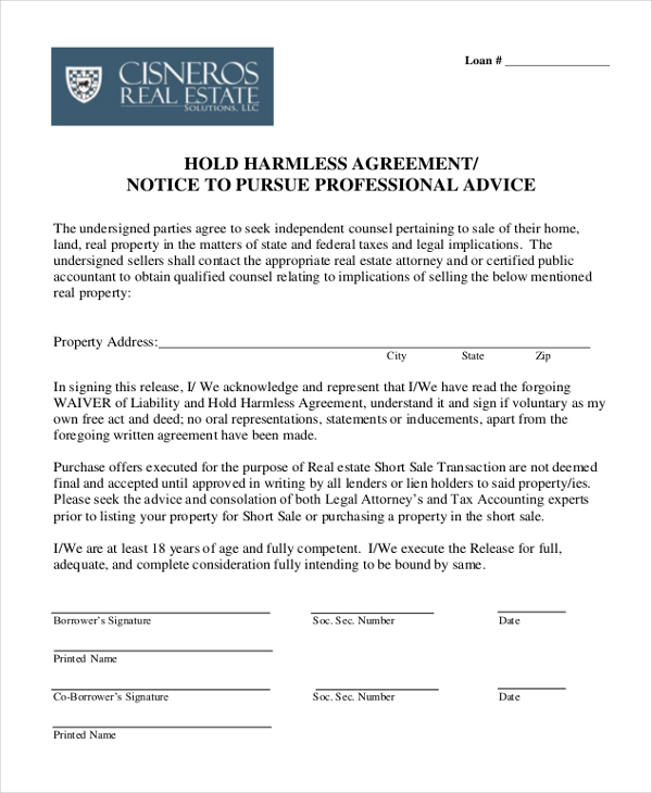 real estate hold harmless agreement template real estate hold 