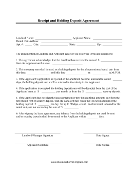 Receipt And Holding Deposit Agreement Template