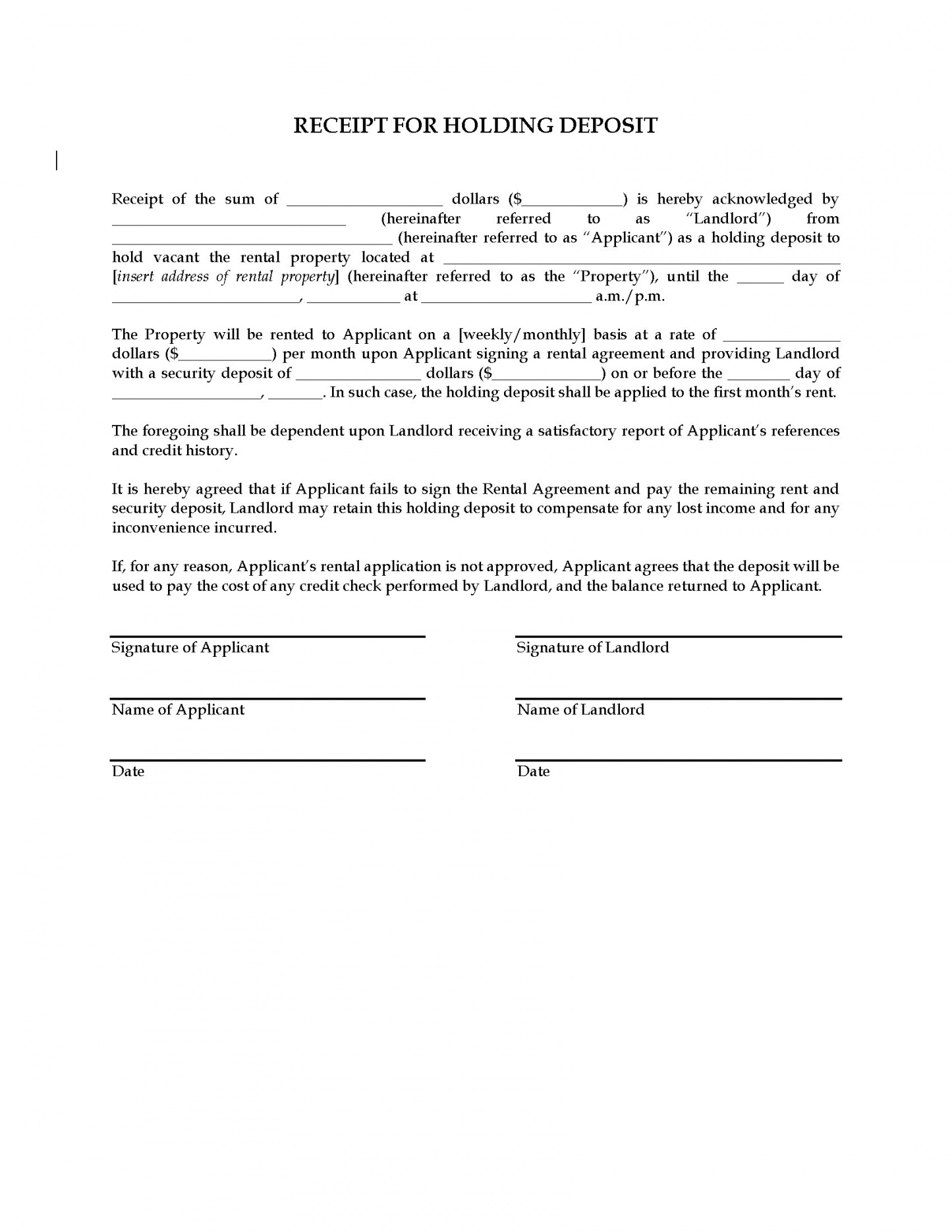Receipt For Holding Deposit On Rental Property | Legal Forms And 