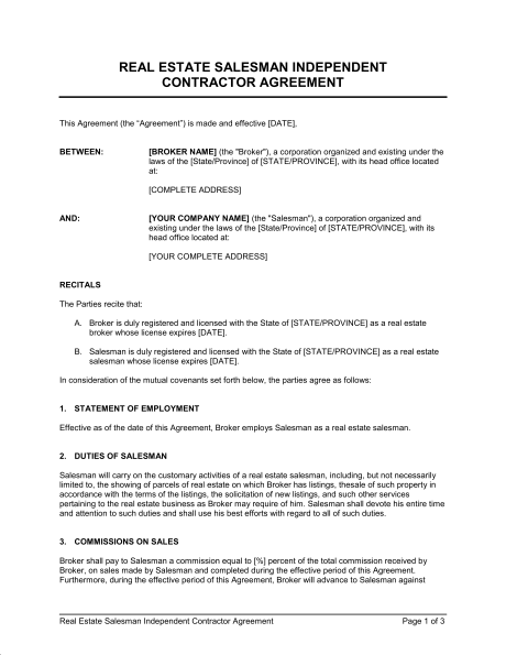Real Estate Salesman Independent Contractor Agreement Template 