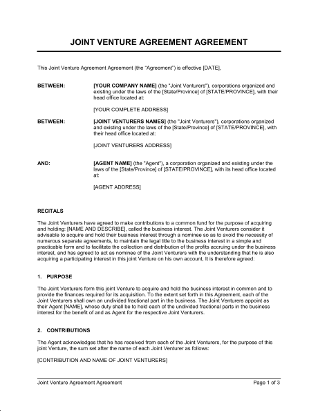 Joint Venture Agreement 2 Template & Sample Form | Biztree.com