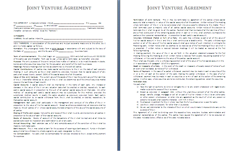 Joint Venture Agreement Document Template Schreibercrimewatch.org