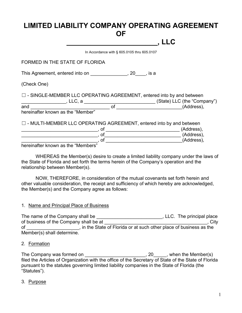 Free Florida LLC Operating Agreement Forms PDF | Word | eForms 