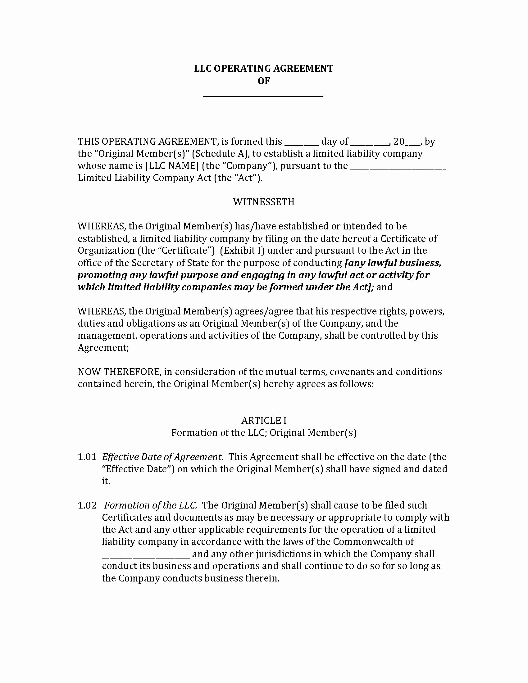 Illinois Llc Operating Agreement llc articles of organization 