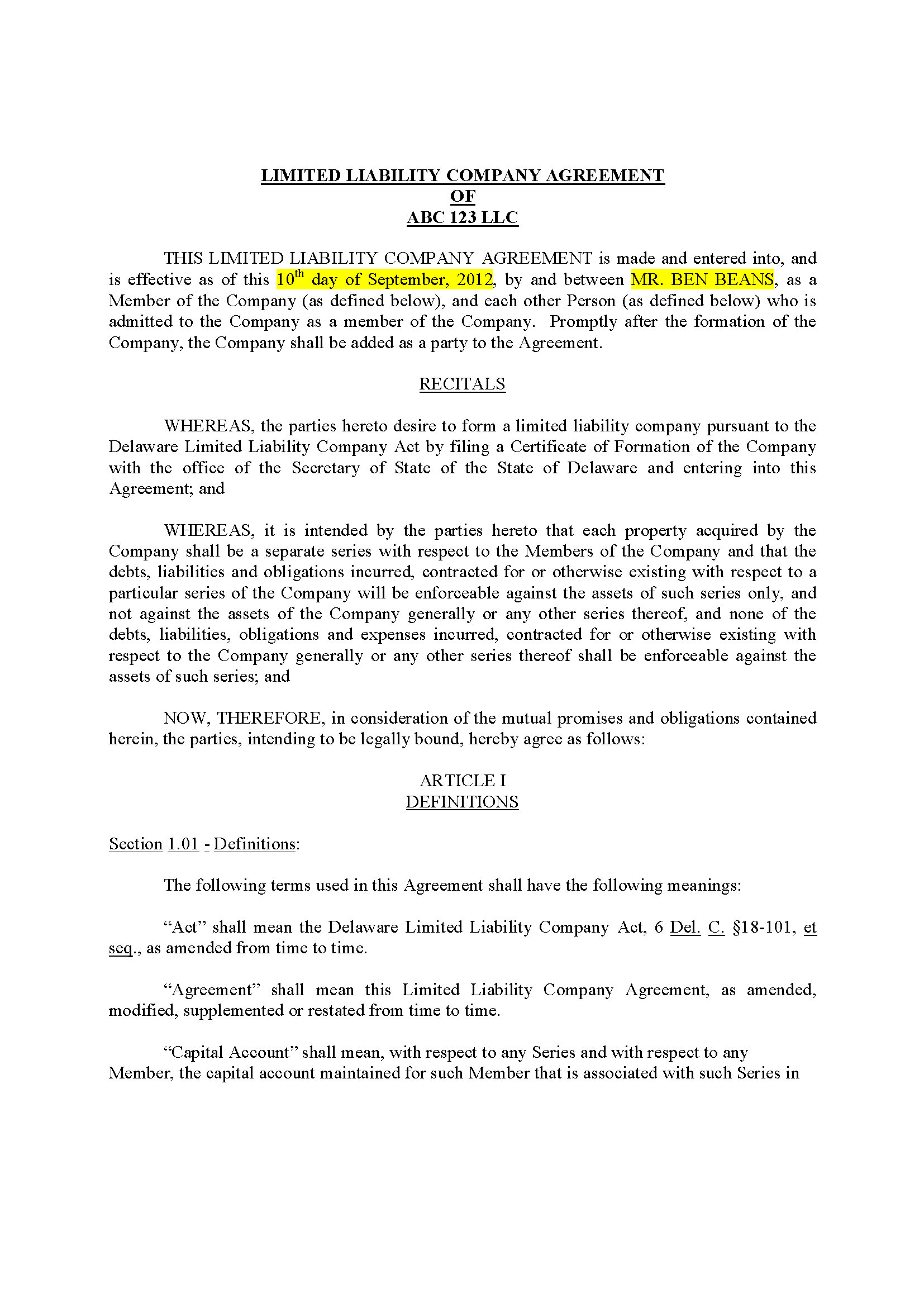 North Carolina LLC Operating Agreement (39 pg)Private Placement 
