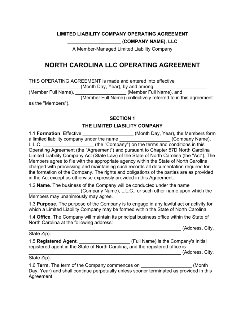 North Carolina Multi Member LLC Operating Agreement Form | eForms 