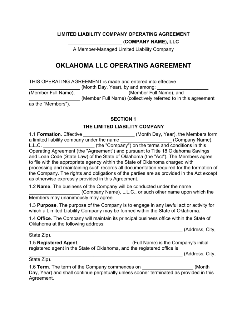 Oklahoma Multi Member LLC Operating Agreement Form | eForms – Free 