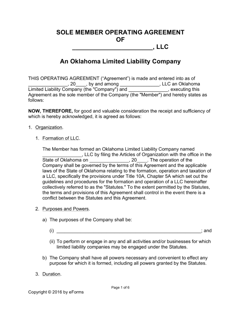 Free Oklahoma Single Member LLC Operating Agreement Form Word 