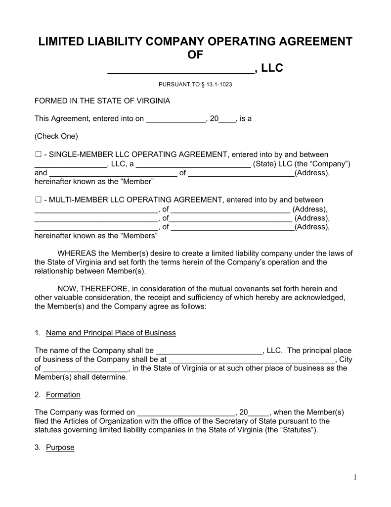 Free Virginia LLC Operating Agreement Forms PDF | Word | eForms 