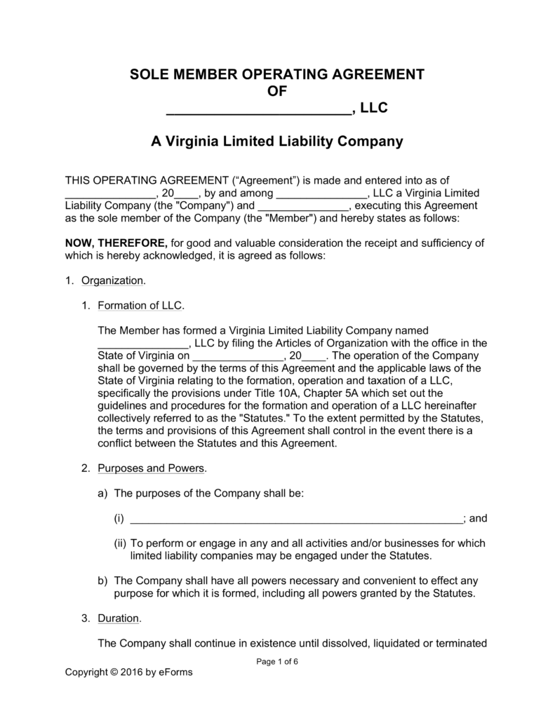 Free Virginia Single Member LLC Operating Agreement Form Word 