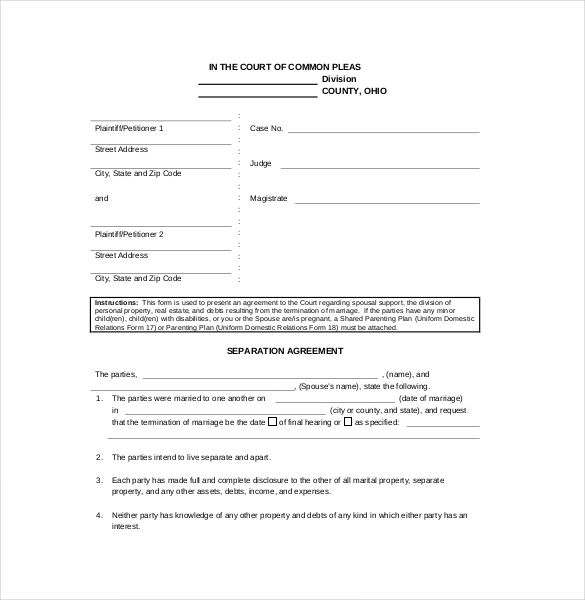 marital separation agreement template separation agreement 