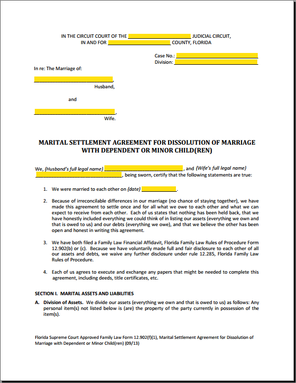 Form 12.902f1 Marital Settlement Agreement Divorce With Children 