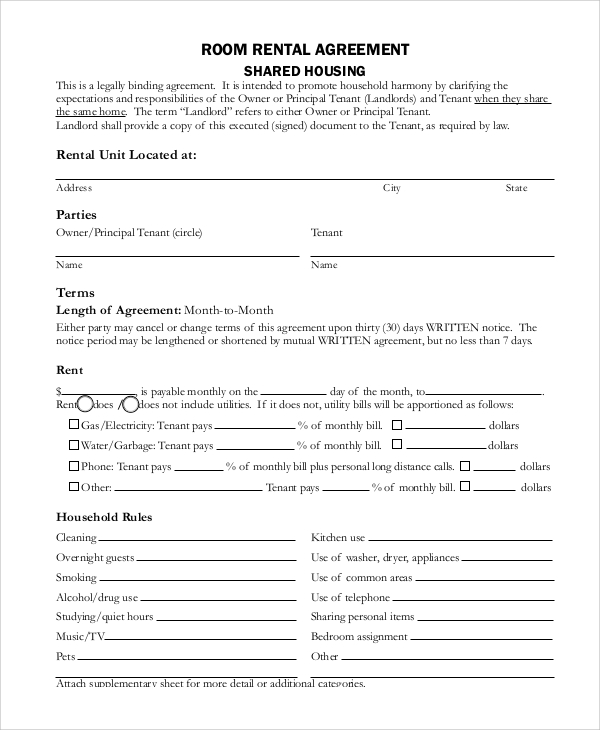 month to month room rental agreement template sample month to 