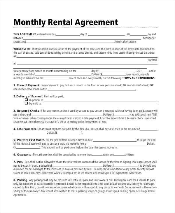 8+ Sample Month to Month Rental Agreement Forms Sample, Example 