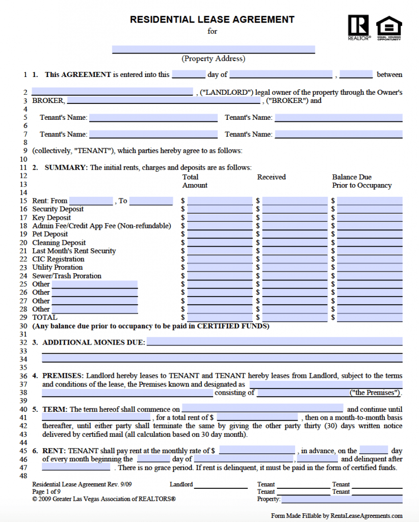 Free Nevada Residential Lease Agreement Form – PDF Template