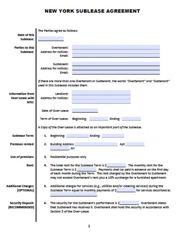 Free New York Sub Lease | Roommate Agreement | PDF | Word (.doc)