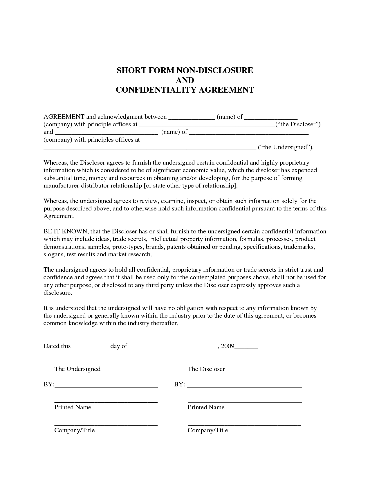 Sample Non Disclosure Agreement | Confidentiality Agreement Sample 