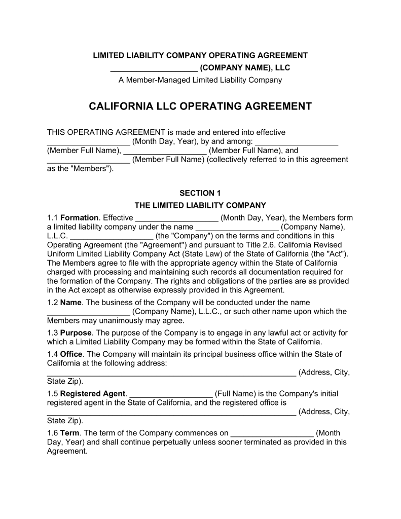 Free California Multi Member LLC Operating Agreement Form Word 