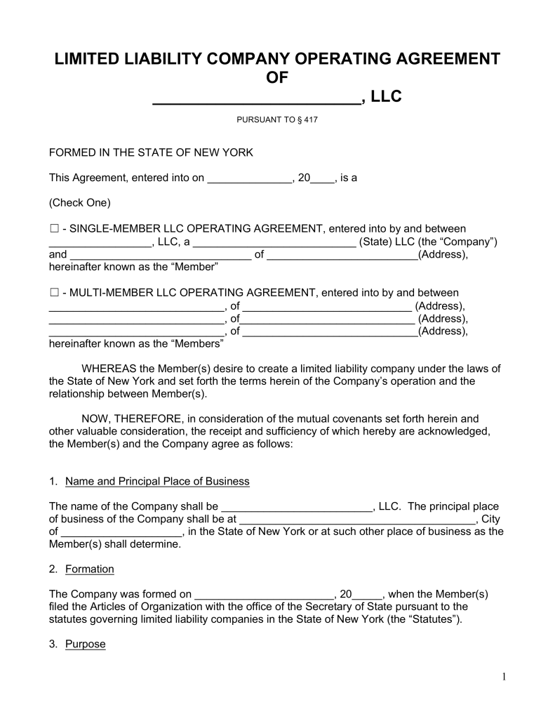 Free New York LLC Operating Agreement Forms PDF | Word | eForms 