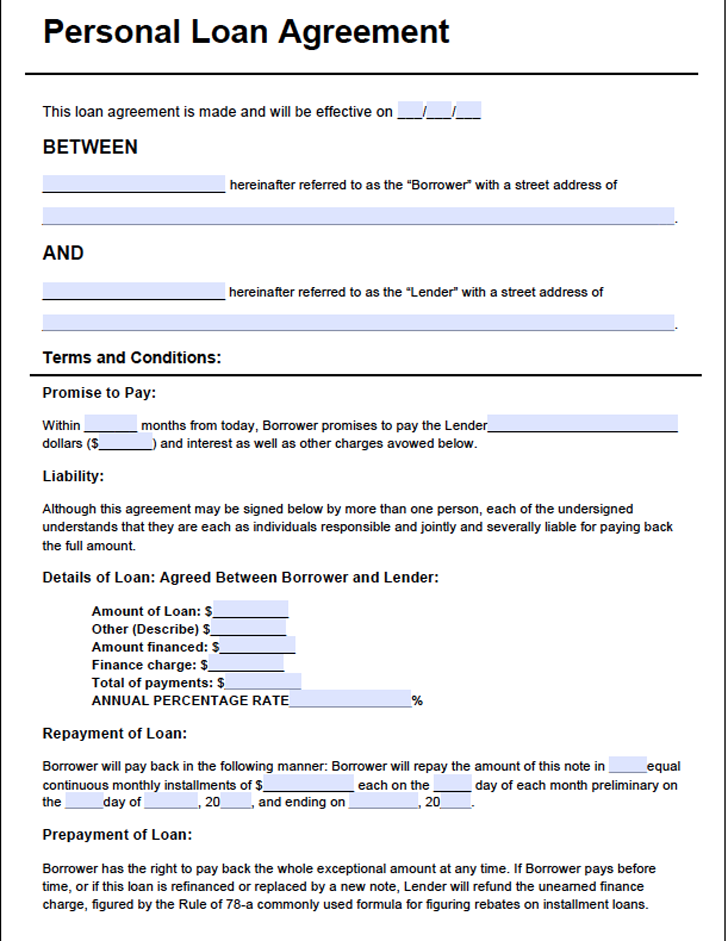 loan agreement form template to an individual individual loan 