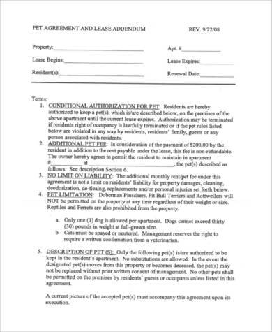 Pet Agreement Addendum Unique Sample Lease Agreements Documents 