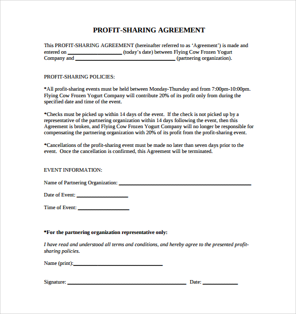 profit sharing agreement profit share agreement template profit 
