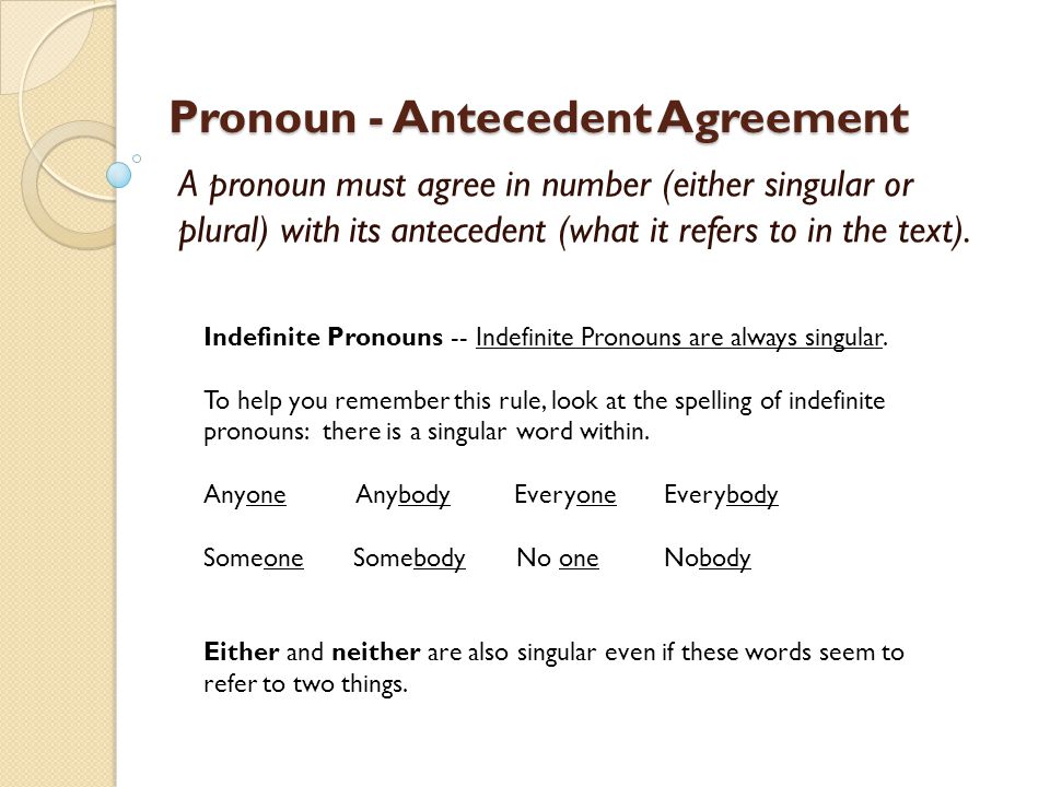 Pronoun Antecedent Agreement A pronoun must agree in number 
