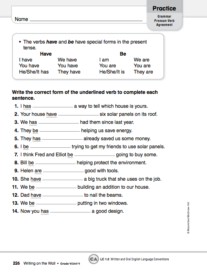 Homework 2012 2013: January 23rd Pronoun Verb Agreement
