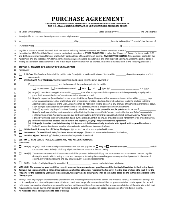 Real Estate Purchase Agreement Indiana Fill Online, Printable 